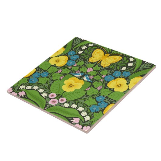 Gelbe Stiefmütterchen, Vögel und Schmetterlinge Fliese (Seite)