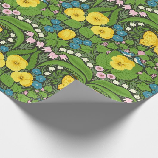 Gelbe Stiefmütterchen, Vögel und Schmetterlinge Geschenkpapier (Ecke)
