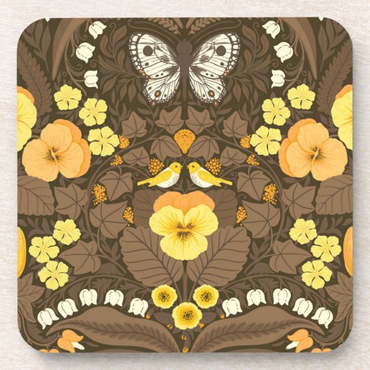 Gelbe Stiefmütterchen, Vögel und Schmetterlinge Getränkeuntersetzer (Vorderseite)