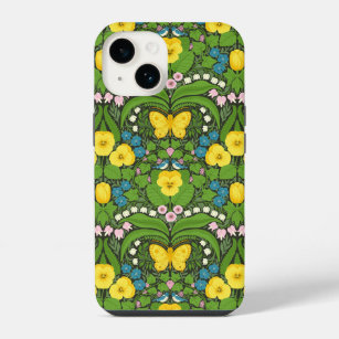 Gelbe Stiefmütterchen, Vögel und Schmetterlinge iPhone 14 Hülle