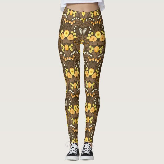 Gelbe Stiefmütterchen, Vögel und Schmetterlinge Leggings (Vorderseite)