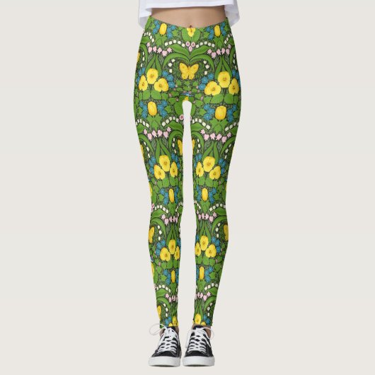 Gelbe Stiefmütterchen, Vögel und Schmetterlinge Leggings (Vorderseite)
