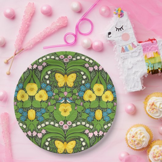 Gelbe Stiefmütterchen, Vögel und Schmetterlinge Pappteller (Party)