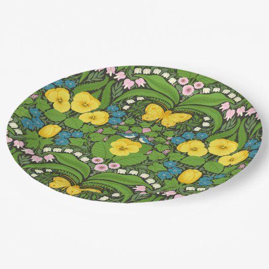 Gelbe Stiefmütterchen, Vögel und Schmetterlinge Pappteller (Schrägansicht)