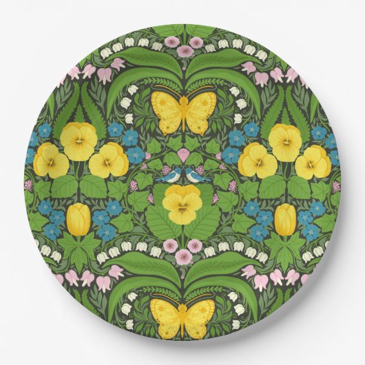 Gelbe Stiefmütterchen, Vögel und Schmetterlinge Pappteller (Vorderseite)