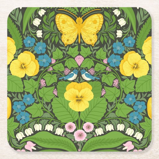 Gelbe Stiefmütterchen, Vögel und Schmetterlinge Rechteckiger Pappuntersetzer (Vorderseite)