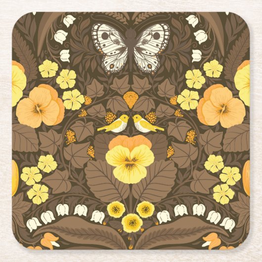 Gelbe Stiefmütterchen, Vögel und Schmetterlinge Rechteckiger Pappuntersetzer (Vorderseite)