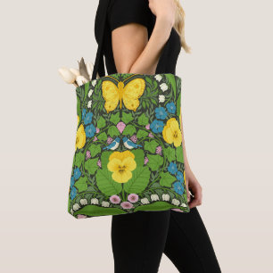 Gelbe Stiefmütterchen, Vögel und Schmetterlinge Tasche