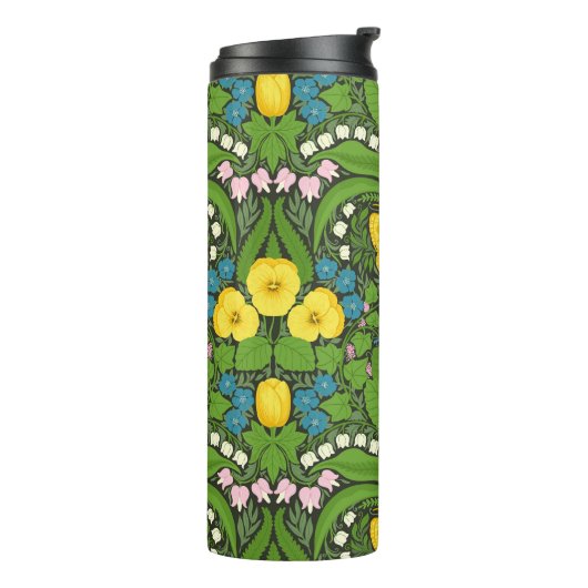 Gelbe Stiefmütterchen, Vögel und Schmetterlinge Thermosbecher (Nach links gedreht)