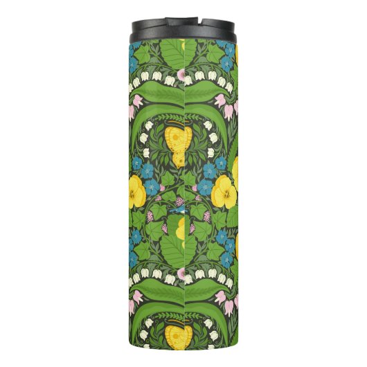 Gelbe Stiefmütterchen, Vögel und Schmetterlinge Thermosbecher (Rückseite)