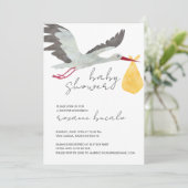 Gelbe Stork Babydusche Einladung (Stehend Vorderseite)