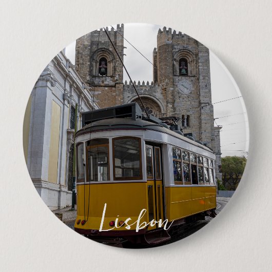 Gelbe Straßenbahn auf der Kathedrale von Lissabon Button (Vorderseite)