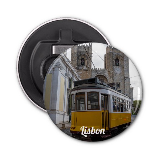 Gelbe Straßenbahn auf der Kathedrale von Lissabon  Flaschenöffner (Vorderseite)