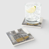 Gelbe Straßenbahn auf der Kathedrale von Lissabon  Steinuntersetzer (Seitenansicht)