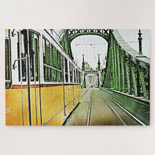 Gelbe Straßenbahn auf der Liberty-Brücke - Budapes Puzzle (Horizontal)