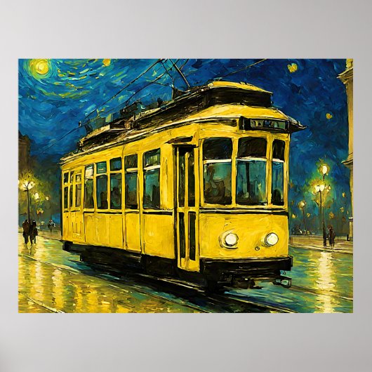 Gelbe Straßenbahn in einer sternförmigen Nacht - B Poster (Vorne)