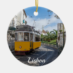Gelbe Straßenbahn in Lissabon, Portugal Keramik Ornament