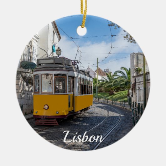 Gelbe Straßenbahn in Lissabon, Portugal Keramik Ornament (Vorne)