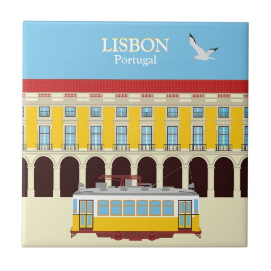 Gelbe Straßenbahn in Lissabon Vintager Stil Fliese (Vorderseite)