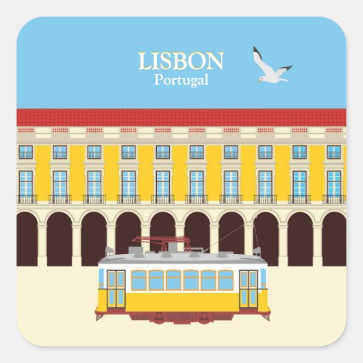 Gelbe Straßenbahn in Lissabon Vintager Stil Quadratischer Aufkleber (Vorderseite)