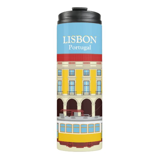 Gelbe Straßenbahn in Lissabon Vintager Stil Thermosbecher (Vorderseite)