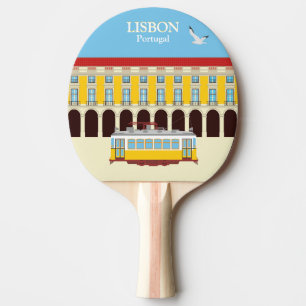 Gelbe Straßenbahn in Lissabon Vintager Stil Tischtennis Schläger