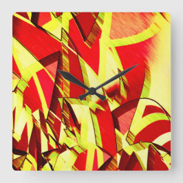 Gelbe Streifen auf rotem, tropftem Bild Quadratische Wanduhr