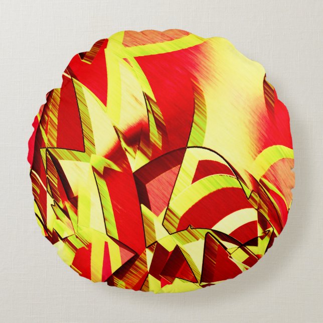 Gelbe Streifen auf rotem, tropftem Bild Rundes Kissen (Vorderseite)