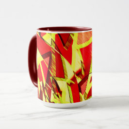 Gelbe Streifen auf rotem, tropftem Bild Tasse