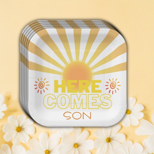 Gelbe Streifen hier kommt die Sonnendusche Pappteller