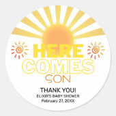 Gelbe Streifen hier kommt die Sonnendusche Runder Aufkleber (Vorderseite)