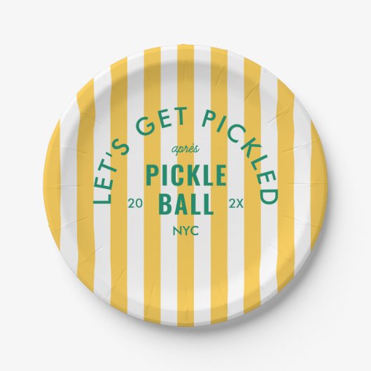 Gelbe Streifen Let's Get Pickled Après Pickleball Pappteller (Vorderseite)