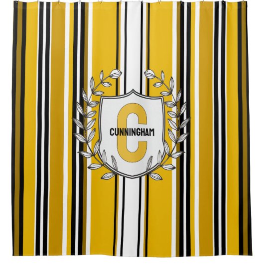 Gelbe Streifen Monogramm Duschvorhang (Vorderseite)