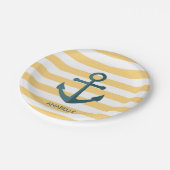 Gelbe Streifen und blauer Anker Pappteller (Schrägansicht)