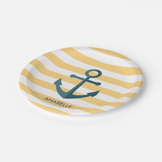 Gelbe Streifen und blauer Anker Pappteller (Schrägansicht)