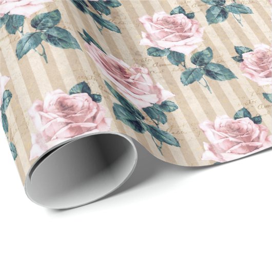 Gelbe Streifen und rosa Tee Rose Jeden Anlaß Geschenkpapier (Rolleneckpunkt)