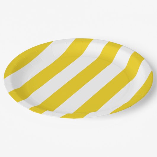 Gelbe Streifen, weiße Streifen, gestreiftes Muster Pappteller (Schrägansicht)