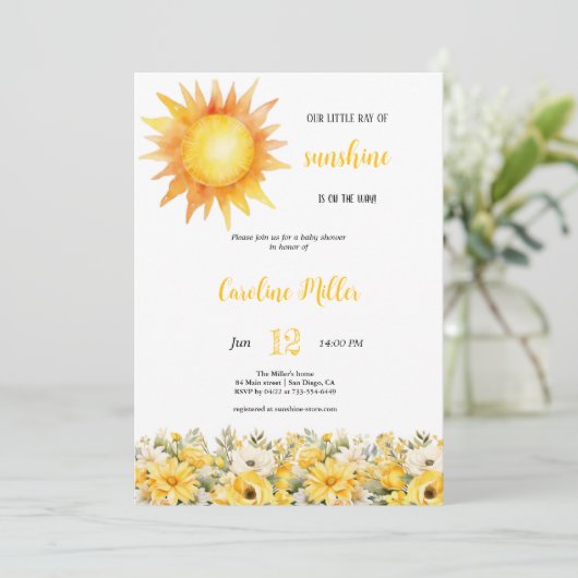 GELBE SUNSHINE MIRL BABYSHOWER EINLADUNG (Stehend Vorderseite)