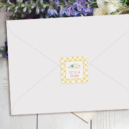 Gelbe süße florale Etikette für Baby Mädchen Umsch Quadratischer Aufkleber