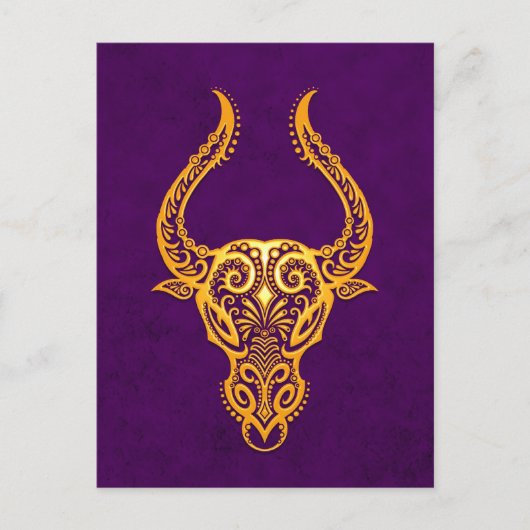 Gelbe Taurus Zodiac auf Lila Postkarte (Vorderseite)