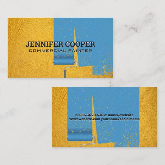 Gelbe Textur | Paint Roller Blue Paint Visitenkarte (Vorne/Hinten)