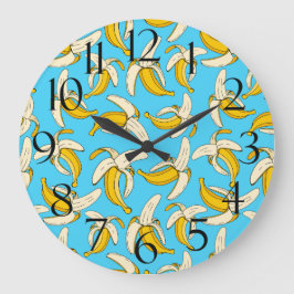 Gelbe tropische Bananen auf blauen Trendfrüchten Große Wanduhr
