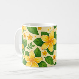 Gelbe tropische Blumen mit üppigen grünen Blättern Kaffeetasse
