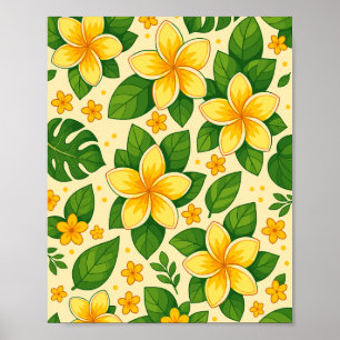 Gelbe tropische Blumen mit üppigen grünen Blättern Poster