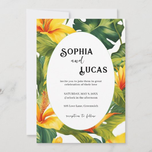 Gelbe tropische Blütenhochzeit Einladung (Vorderseite)