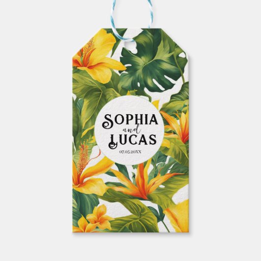 Gelbe tropische Blütenhochzeit Geschenkanhänger (Vorderseite)