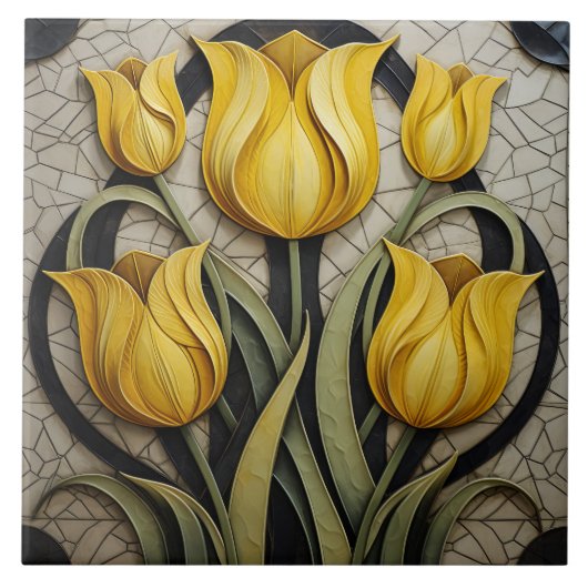 Gelbe Tulips Blumenstrauß Jugendstil Inspirierte N Fliese (Vorderseite)