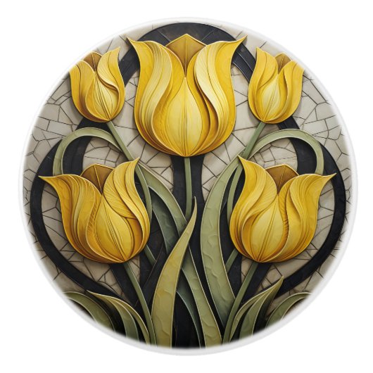 Gelbe Tulips Blumenstrauß Jugendstil Inspirierte N Keramikknauf (Vorderseite)
