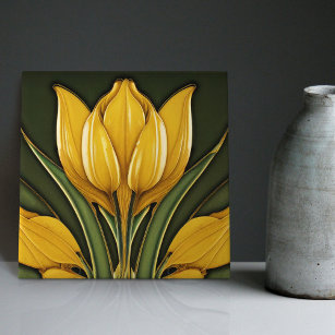 Gelbe Tulips Symmetrische Wanddekoration Jugendsti Fliese