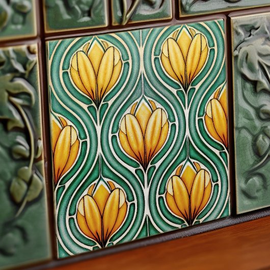 Gelbe Tulips Symmetrisches Muster Art Nouveau Fliese